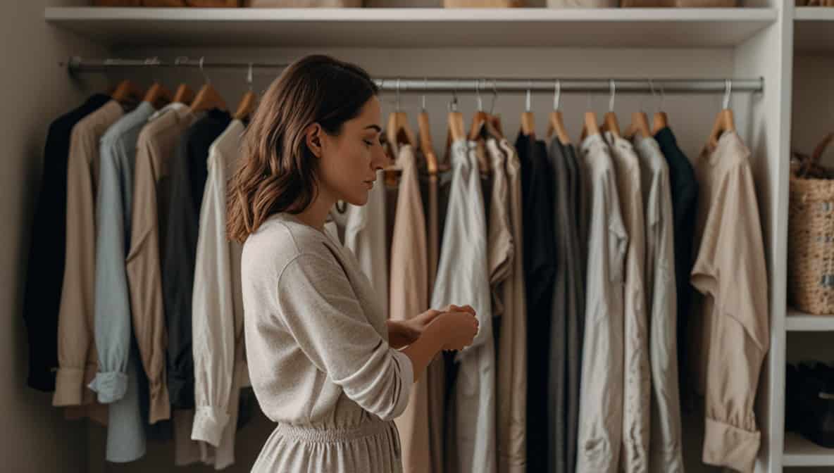 Frau sortiert ihren Kleiderschrank – Capsule Wardrobe aufbauen Schritt für Schritt