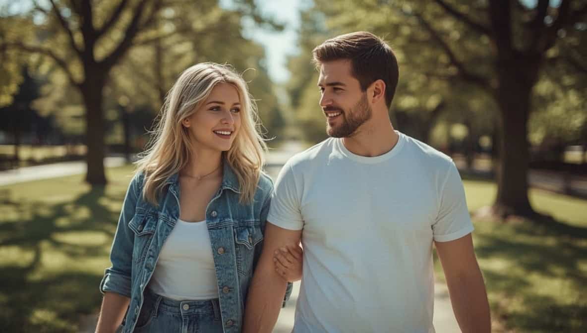 Erstes Date – Frau und Mann spazieren entspannt und lachend im sonnigen Park