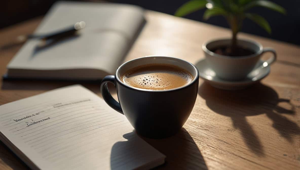 Journaling Methoden – Notizbuch, Stift und Kaffee als Flat Lay auf Holztisch