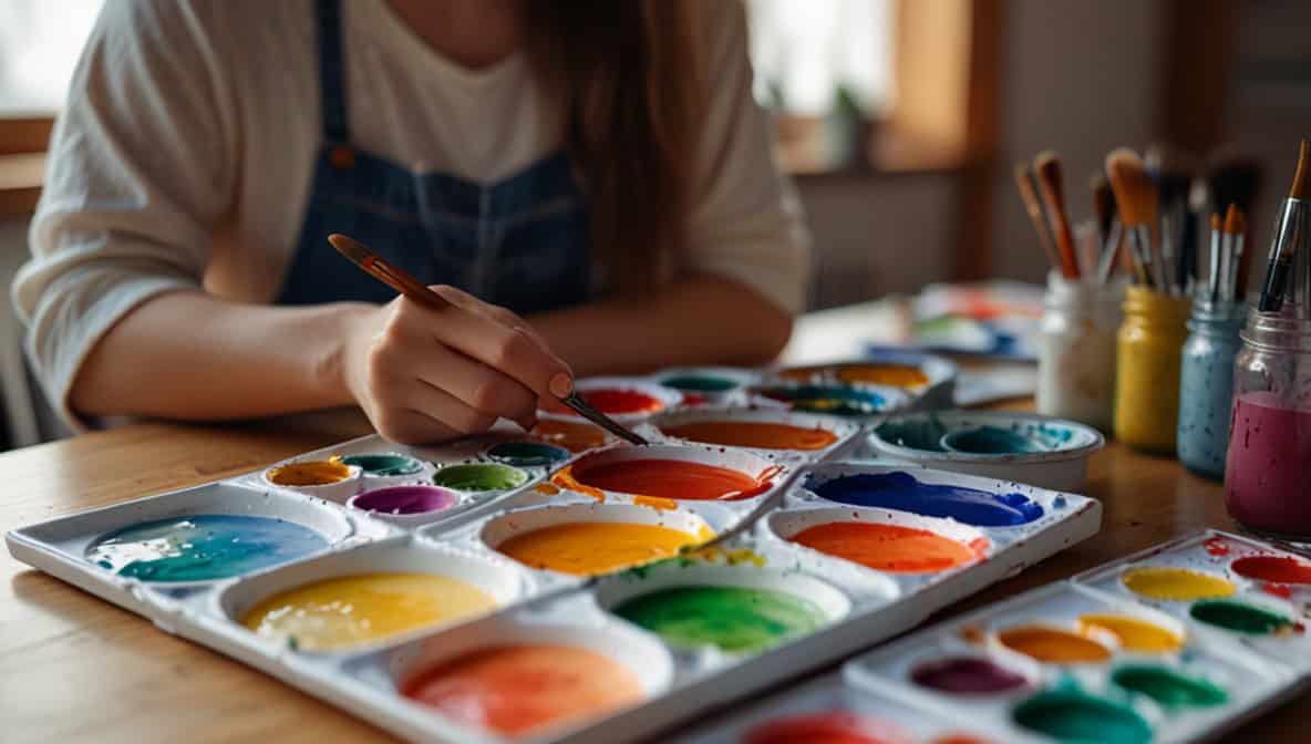 Malen als kreatives Hobby – Frau malt Aquarelle am hellen Tisch mit Pinsel und Palette