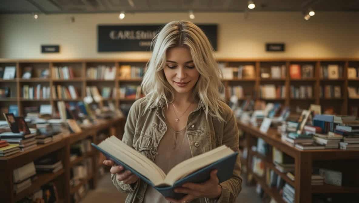 Liebesroman auswählen – Frau stöbert lächelnd in einer hellen Buchhandlung