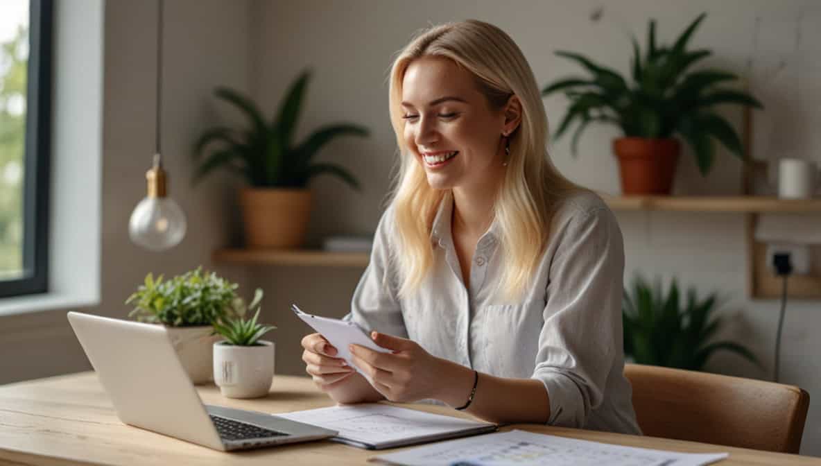 Businessplan erstellen als Frau – heller Schreibtisch mit Dokumenten, Laptop und Kaffee