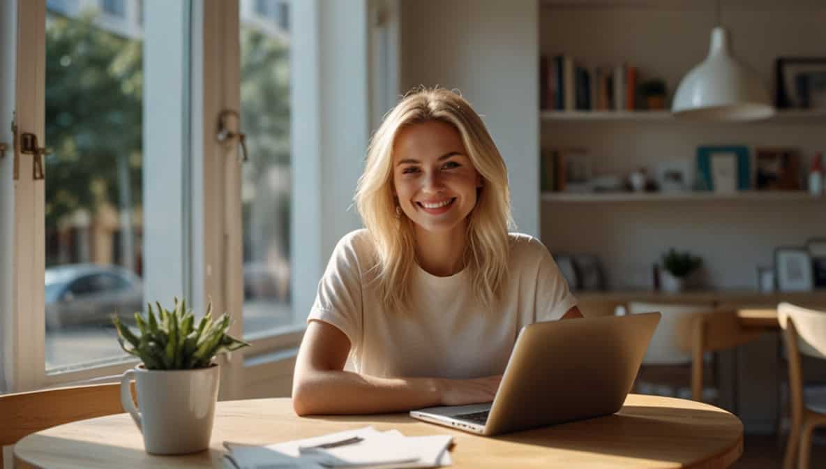 Freiberuflich arbeiten als Frau – Frau arbeitet entspannt im hellen Café am Laptop