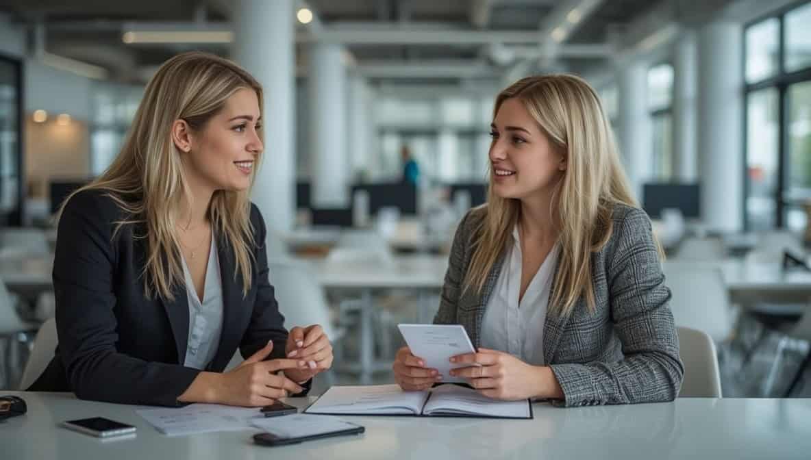Zwei Frauen im Gespräch am Arbeitsplatz – Gleichstellung im Job