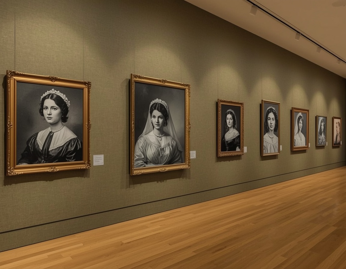 Galeriewand mit gerahmten Schwarz-Weiß-Porträts berühmter Frauen in einem hellen Museumsraum Galeriewand mit gerahmten Schwarz-Weiß-Porträts berühmter Frauen in einem hellen Museumsraum