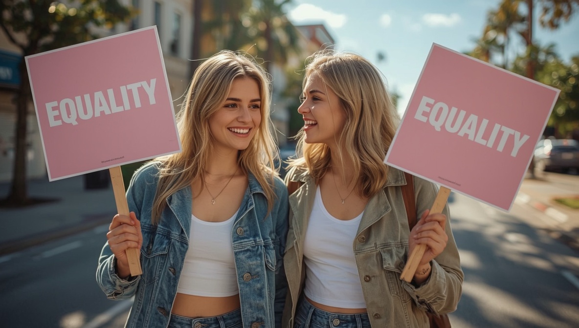 Zwei blonde Frauen lachen gemeinsam und halten Gleichberechtigungs-Schilder auf einer sonnigen Straße