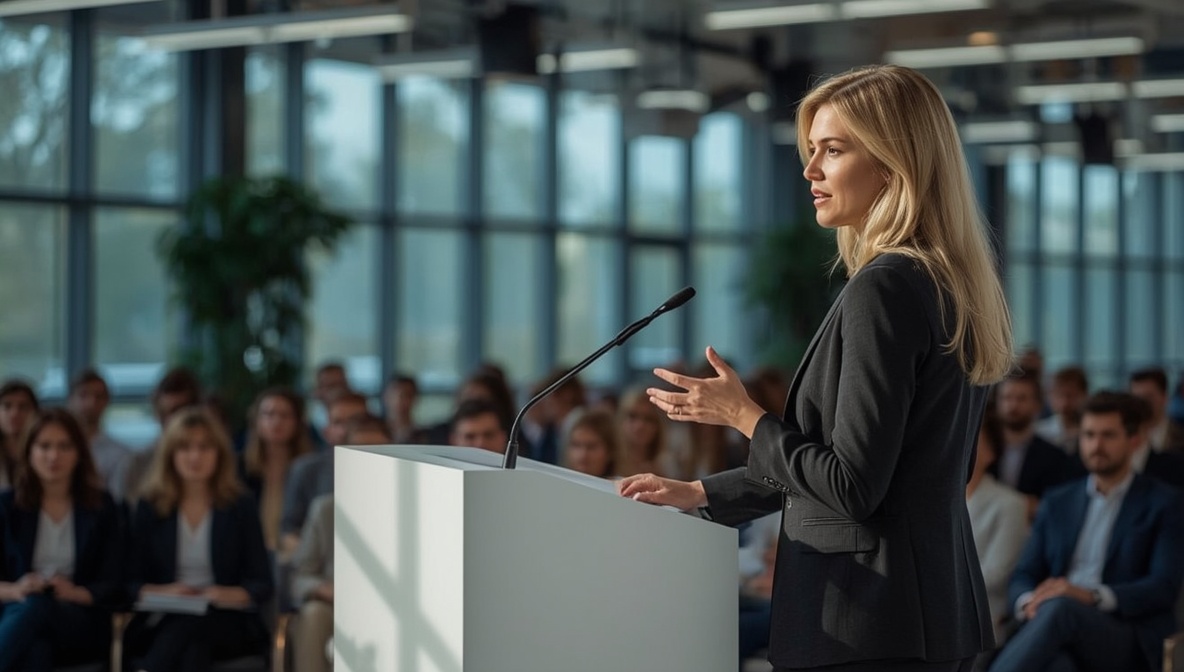 Blonde Frau hält selbstbewusst eine Rede am Rednerpult in einem hellen Konferenzraum