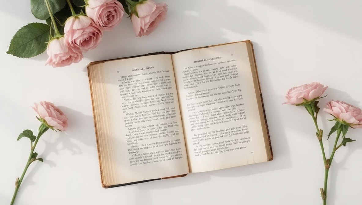 Aufgeschlagene Vintage-Bücher mit handgeschriebenen Zitaten auf hellem Tisch mit Blumen