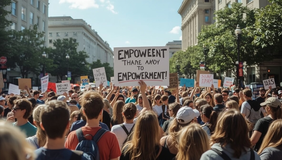 Bunte Protestschilder und Transparente bei einer Demonstration für Gleichberechtigung im Sonnenlicht