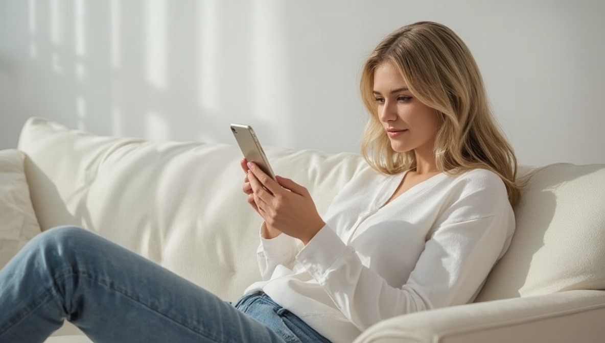 Blonde Frau auf hellem Sofa scrollt durch Dating-App auf dem Handy