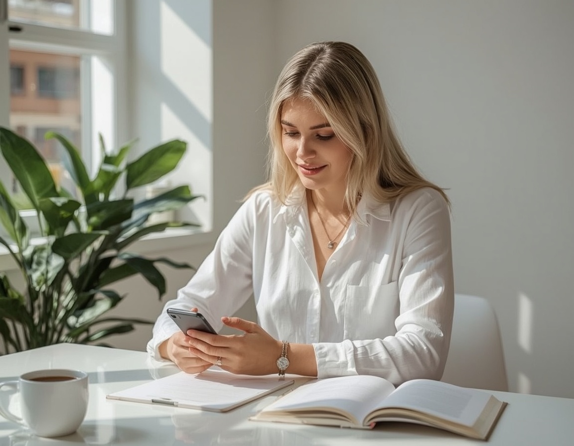 Blonde Frau schreibt Tinder Profilbeschreibung auf dem Smartphone Blonde Frau schreibt Tinder Profilbeschreibung auf dem Smartphone