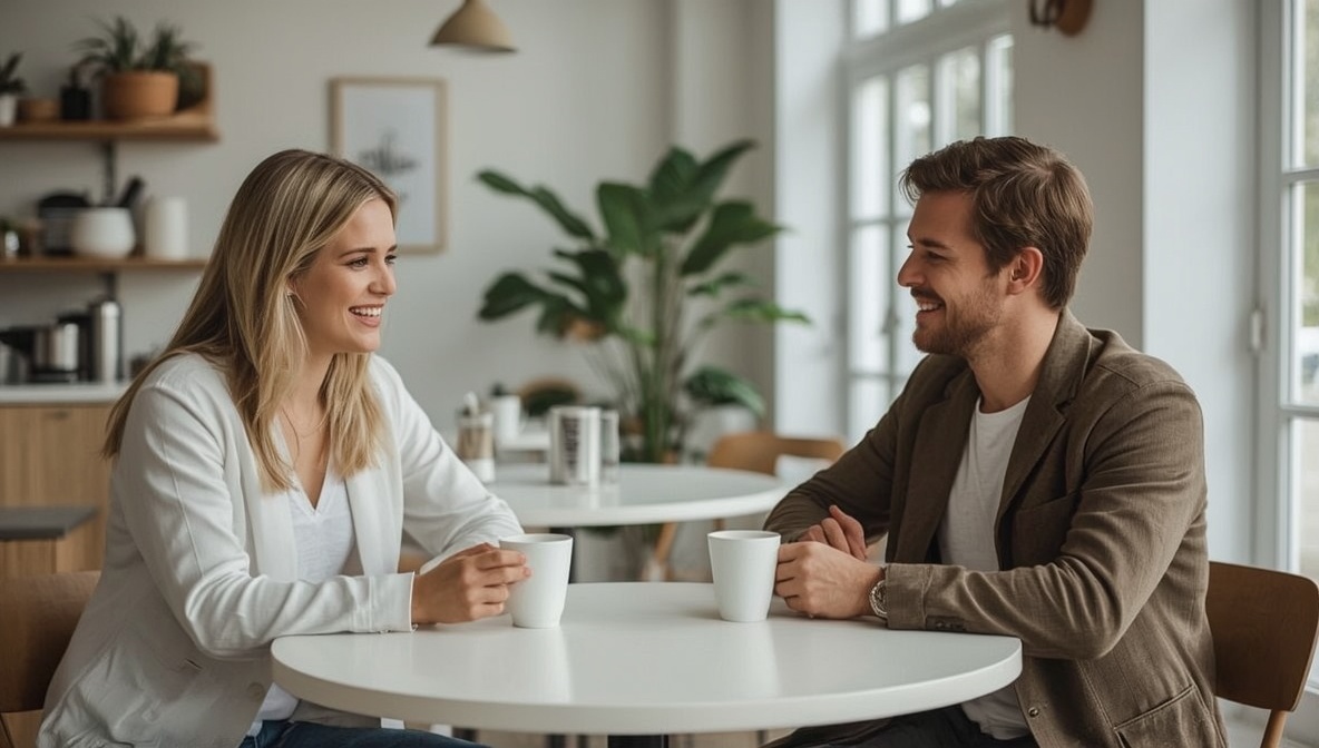 Blonde Frau und Mann im Gespräch beim Kaffee im hellen Café