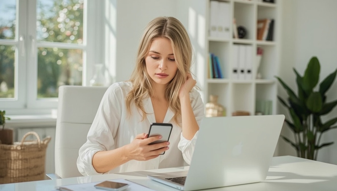 Frau schaut nachdenklich auf ihr Smartphone am hellen Schreibtisch Frau schaut nachdenklich auf ihr Smartphone am hellen Schreibtisch