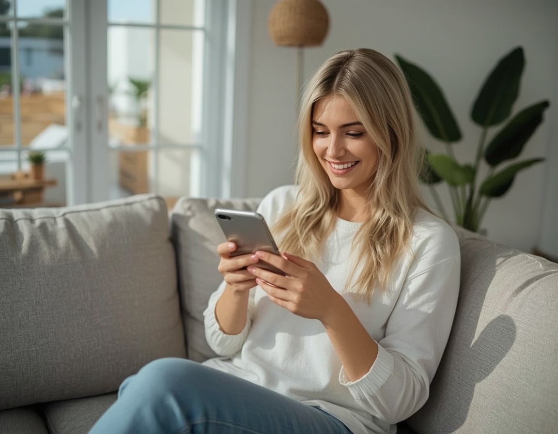 Frau lächelt beim Lesen einer Nachricht auf dem Smartphone Frau lächelt beim Lesen einer Nachricht auf dem Smartphone