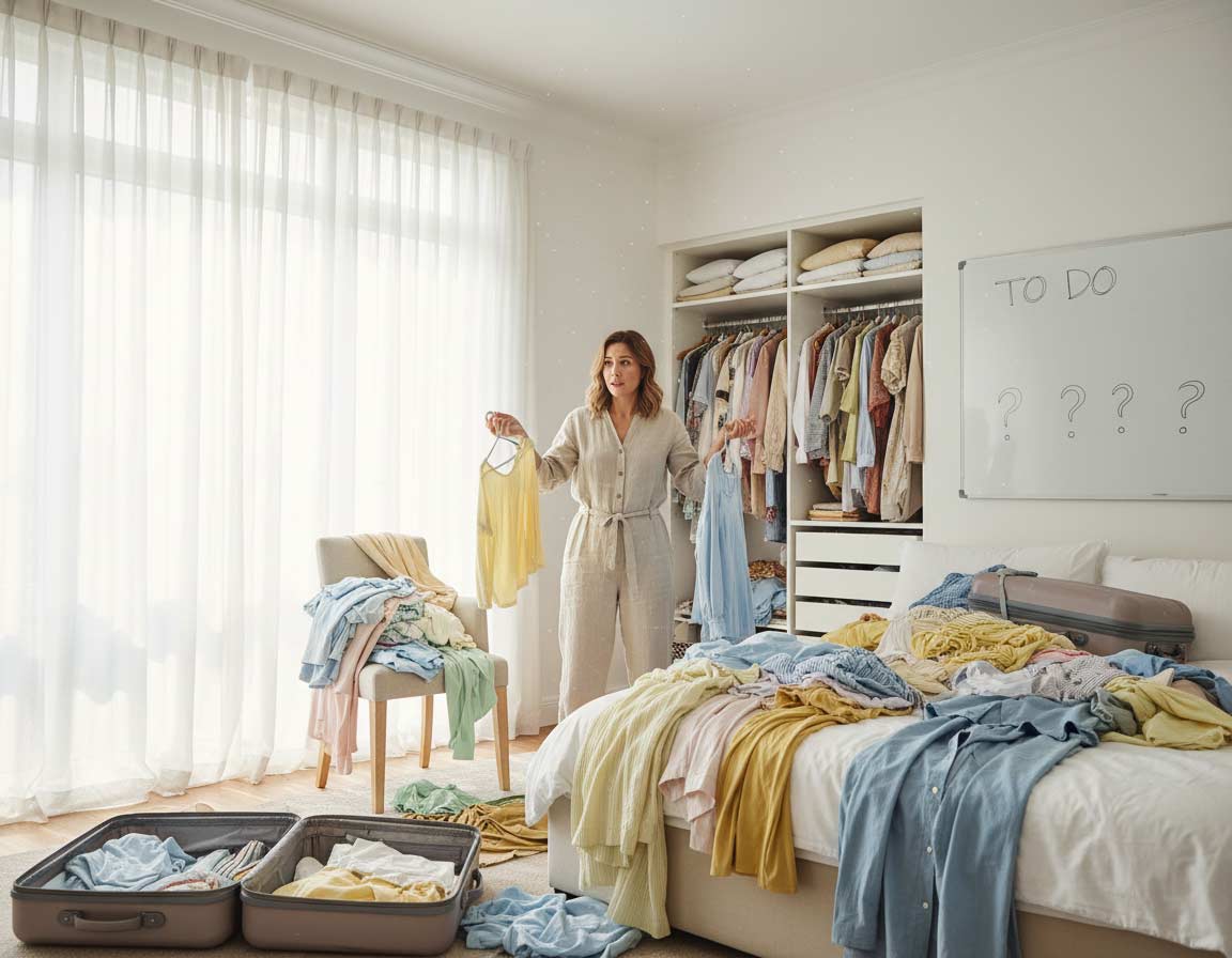 Zu viele Klamotten im Kleiderschrank der Frau Zu viele Klamotten im Kleiderschrank der Frau